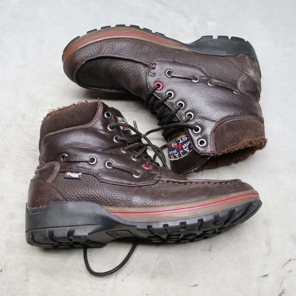 Pajar Mens 10-10.5 Winter Boots Brown Leather Faux Fur Lined Moc Toe Waterproof